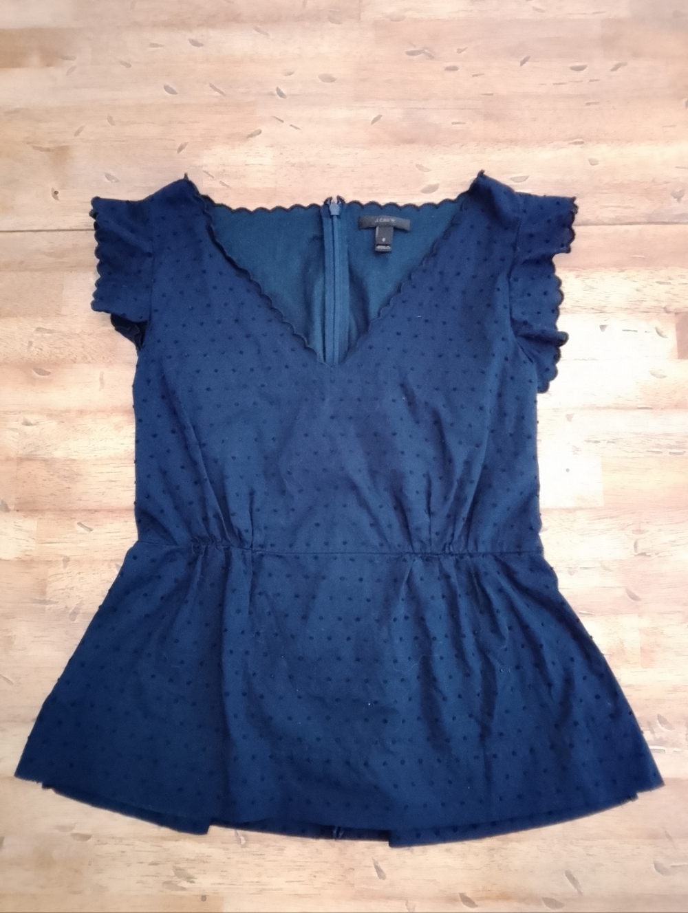 J.Crew Navy Swiss Dot Peplum Top - V-Neck Short Sleeve